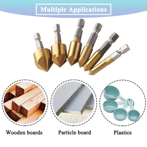 Six Piece 90 Degree HSS Countersink Drill Bit Set With One Quarter Inch Hex Shank For Wood, Pro Grade, with application uses