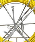 Close-up of Heavy Duty Fiberglass Fish Tape Duct Rodder Workhorse Reel With Smart Brake And Dual Wheels 820 Feet Long non conductive cable puller.