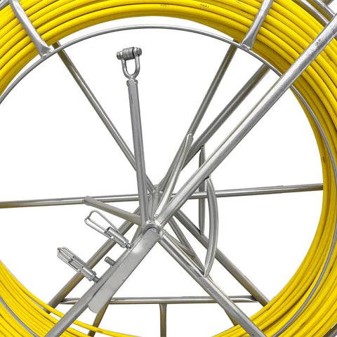 Heavy Duty 12mm Fiberglass Fish Tape With Reinforced Steel Core Non Conductive Cable Puller And Conduit Rodder showcasing yellow fiberglass cable on metal reel.
