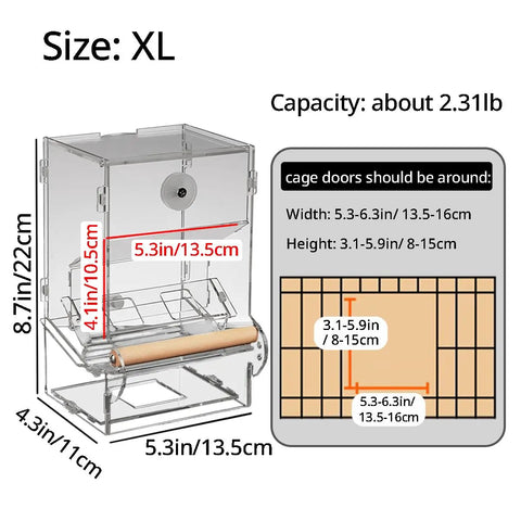 No Fuss Automatic Parrot Food Dispenser Extra Large High Quality Acrylic Bird Feeder dimensions with capacity details and cage door sizes.