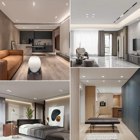 Living spaces with 9 Pack Ultra Thin LED Recessed Downlights With Aluminum Housing And Adjustable Eyeball Trim providing solid lighting.