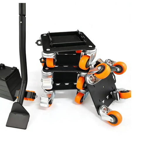 Super Heavy Duty Furniture Mover Dollies That Spin 360 Degrees Easy With Pry Bar And Heightening Pads for moving stacked units.