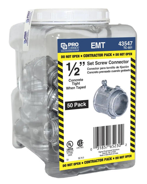 ProConnex TC-501 1/2 Inch EMT Set Screw Connector 50 Pack in clear plastic container, die-cast zinc alloy
