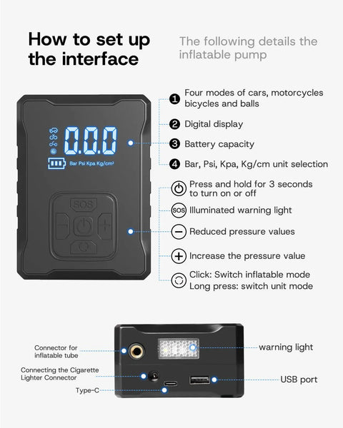 Portable Tire Inflator Kit For Tesla Featuring A Fast Charge Air Pump digital interface showing features and setup instructions.