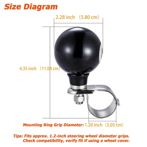 Diagram showing dimensions of 8 Ball Steering Wheel Assist Booster Grip Hand Control Spinner Suicide Knob for tractors and mowers.