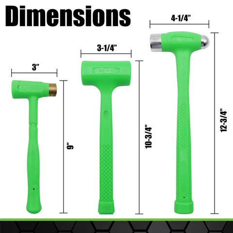 Three Piece Deadblow Multi Purpose Hammer Set For Metalworking And Woodworking dimensions with green handles.