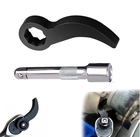 Two Piece Beefy Pry Bar Wrench Adapter Head Set For One Half Inch Drive Converts Breaker Bar Or Ratchet Into Prying Tool With Extension Bar For Tight Spaces Heavy Duty Crowbar Attachment shown in different uses and angles