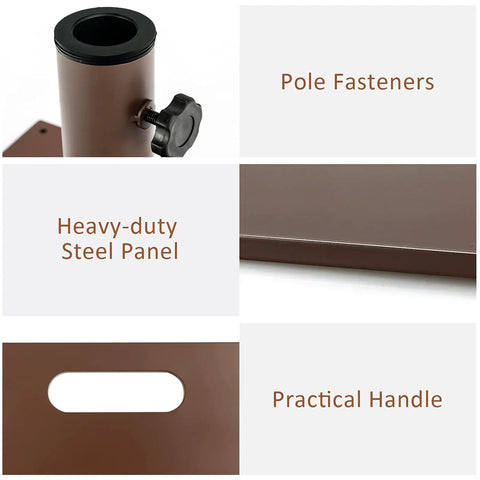 Heavy Duty 50 Lb Patio Umbrella Base Portable Outdoor Stand With 24 Inch Square Holder Two Tightening Knobs And Two Wheels Weatherproof Rustproof Steel Brown showing details of pole fasteners, steel panel, and handle.