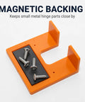 Pro Grade Rock Solid Magnetic Cabinet Hinge Jig With Exact Two Millimeter Gap Spacer Tool For Zero Headache Kitchen Cabinet Door Alignment And Furniture Projects with orange magnetic backing and screws.