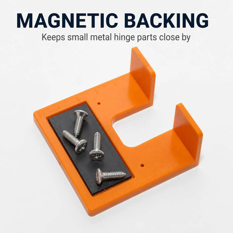 Pro Grade Rock Solid Magnetic Cabinet Hinge Jig With Exact Two Millimeter Gap Spacer Tool For Zero Headache Kitchen Cabinet Door Alignment And Furniture Projects with orange magnetic backing and screws.
