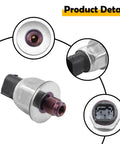 Brake fluid pressure sensor with metal cylindrical body, threaded port, and multi-pin plug; shown from front and side views.