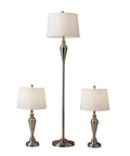 Three Piece Lamp Set With Two Table Lamps And One Floor Lamp In Antique Brass With White Shades For Bedroom