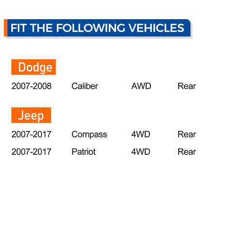 Compatibility chart for Rear Wheel Hub and Bearing Assembly for 2007-2017 Jeep Compass Patriot 4WD and 2007-2008 Dodge Caliber AWD