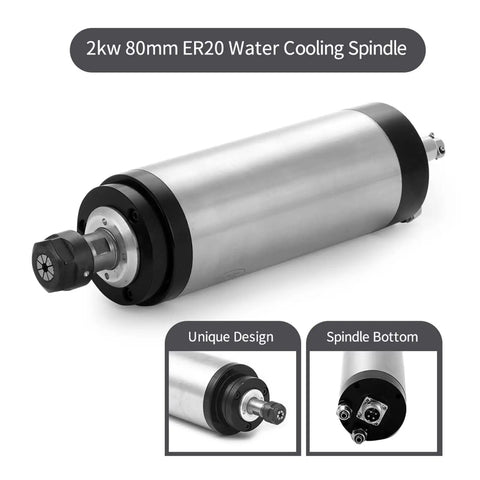 ProLevel 2.2Kw Water Cooled Cnc Spindle Motor Workhorse with 80mm ER20 spindle, showcasing unique design and connections.