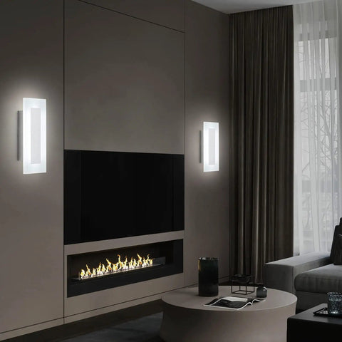 Modern Dope LED Wall Sconce Set In Chrome With Frosted Acrylic Warm White Light 6000K in living room above fireplace