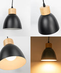 Kiven Instant Light Conversion Kit for 4/5/6inch Hole, black metal pendant light with wooden top, 6.3" diameter, adjustable cord.