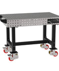 Heavy Duty Mobile Welding Station Rig With Precision Laser Cut Holes And Heavy Suspension For A Badass Workshop Setup And Custom Metal Craftsmanship Plus Locking Casters, 48x30 inches steel frame.