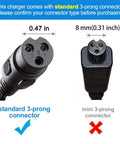 24V 1500mA Electric Scooter Charger For Razor E100 E200 E300 E500 PR200 MX350 Pocket Mod Dirt Bike Sports Mod And Dirt Quad Replacement Battery Charger With Three Prong Inline Female Connector For Fast Home Charging showing standard and mini 3-prong connector comparison.
