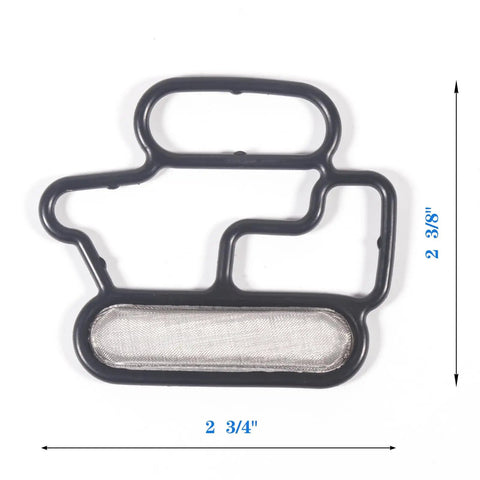 Honda Accord 2.4L L4 Solenoid Valve Gasket Kit For 2008 2009 2010 2011 2012 VTEC Spool Valve Gasket Set Top Notch Rubber Replacement For 15815R41L01 946430 VVS906 showing black rubber gasket with mesh filter and measurements in inches