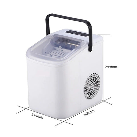 Compact Countertop Ice Maker Cranks Out Fresh Bullet Ice In Record Time Featuring Smart Digital Controls and an Integrated Handle.
