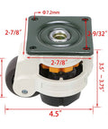 Side view of Four Piece Leveling Casters For Workbenches With Nylon Wheels And Rubber Feet Retractable Caster Set, measurements included.