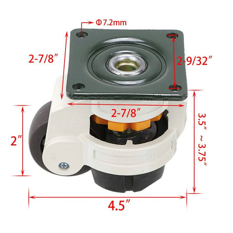 Side view of Four Piece Leveling Casters For Workbenches With Nylon Wheels And Rubber Feet Retractable Caster Set, measurements included.