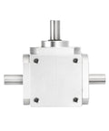 90 Degree Bevel Gearbox 1 To 1 Right Angle Gearbox With Dual Output Shafts, aluminum frame, front view.