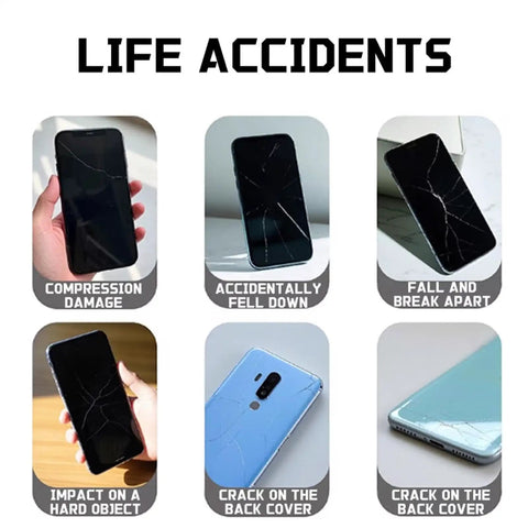 Cracked smartphones due to life accidents, showing damage repairable by Glass Repair Liquid For Cracks And Scratches Portable Scratch Remover Quick Fix For Mobile Phones Watches Mirrors Windshields And Household Glassware Easy To Use