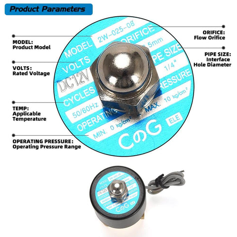 Top view of Brass Electric Solenoid Valve 12V Quarter Inch Port Normally Closed For Water Air Gas Fuel Oil with product parameters.
