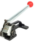 Rock Solid Steel Strapping Tensioner Tool For Pallet Packaging Banding 1/2 To 5/8 Inch Steel Strap, handheld with red rubber grip.