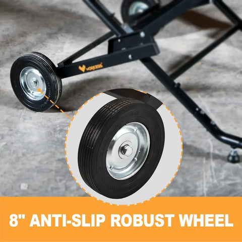 Portable Table Saw Stand With Rock Solid Folding Frame Roll It Around Shop Or Job Site On Grippy Eight Inch Wheels Supports 330 Pounds showing 8 inch anti-slip robust wheel.