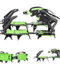 Fourteen Teeth Ice Crampons for Winter Boots With Grippy Steel Cleats, green and black, side and top view.