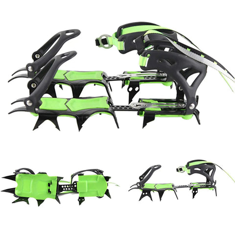 Fourteen Teeth Ice Crampons for Winter Boots With Grippy Steel Cleats, green and black, side and top view.