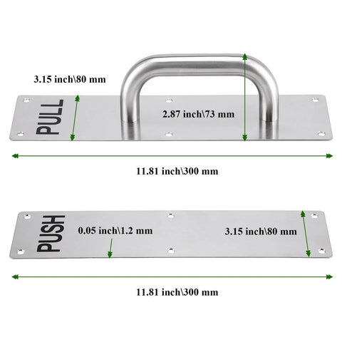 2 Sets 12 By 3 Inch Stainless Steel Door Handle And Push Pull Plates Bundle With 24 Screws For Commercial And Home Office Doors In Silver Tough Build For Easy Install And Lasts In High Traffic Environments., 11.81 inch stainless steel pull plate with handle, 300 mm x 80 mm