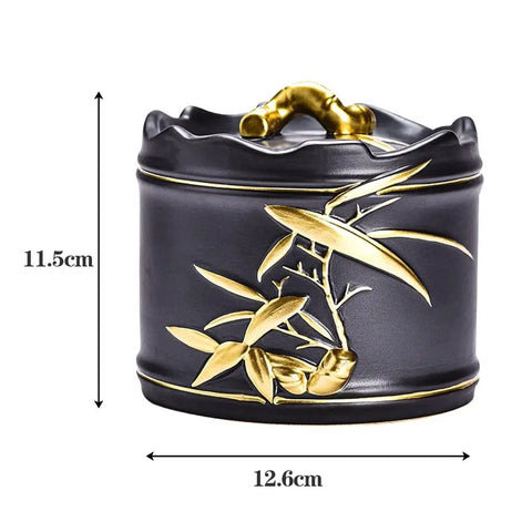 Heavy Duty Ceramic Coffee Canister With Locking Airtight Lid, 11.5cm x 12.6cm, features gold bamboo design.