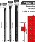 Front view of 14-piece metal lathe tool set: 4 shanks (6/7/8/10 mm), 10 carbide inserts, 4 holders, red insert case.