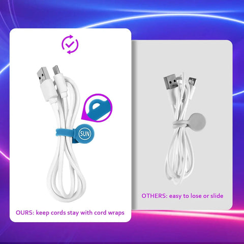 Comparison of secure cable with Six Pack Magnetic Cable Organizers With Silicone Twist Ties And Clips Colorful Headphone Cord Keeper next to loose cable.
