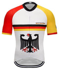 Cycling jersey with German flag colors and eagle design, short sleeves, and front zipper.