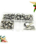 Grease Gun Nozzle Set with assorted fittings and nipples for maintenance in a plastic case, includes multiple sizes, durable angled fittings