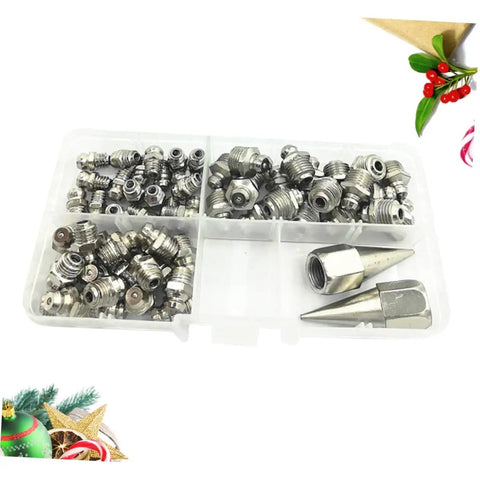 Grease Gun Nozzle Set with assorted fittings and nipples for maintenance in a plastic case, includes multiple sizes, durable angled fittings