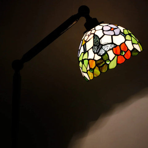 Tiffany Style Floor Lamp With Swivel Arm 72 Inch Tall Stained Glass Reading Light Antique Bronze Base Butterfly Flowers Shade