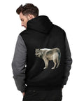 Man wearing Heavyweight Fleece Hoodie For Men Full Zip With Warm Lining Thick Winter Ready Hooded Sweatshirt, wolf design on back.