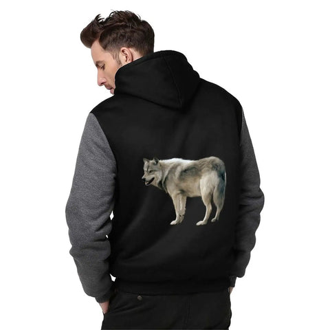 Man wearing Heavyweight Fleece Hoodie For Men Full Zip With Warm Lining Thick Winter Ready Hooded Sweatshirt, wolf design on back.
