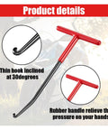 Motorcycle exhaust spring hook puller tool with red T-handle, black shaft and rubber grip.