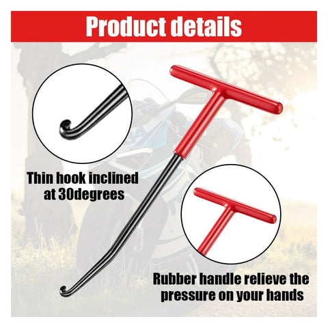 Motorcycle exhaust spring hook puller tool with red T-handle, black shaft and rubber grip.