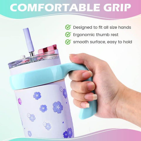 Hand holding a 20 Oz Tumbler Handle With Anti Slip Grip For Travel Mugs And Vacuum Insulated Tumblers Car Cup Holder Friendly