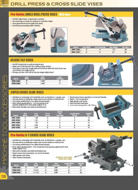Tough As Nails Quick Slide Drill Press Vise Built From High Grade Iron With Precision Ground Jaws And 4.75 Inch Opening. Image of various drill press vises.