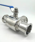 Geife 2-inch stainless steel tri-clamp sanitary 3-way ball valve with blue handle and PTFE seat