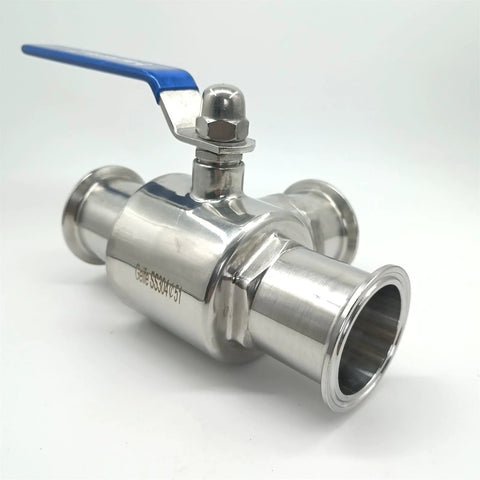 Geife 2-inch stainless steel tri-clamp sanitary 3-way ball valve with blue handle and PTFE seat