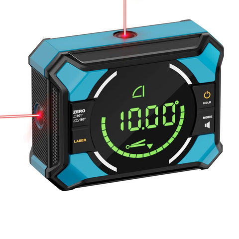 Front view of compact 3 In 1 Laser Level with Digital Angle Finder, displaying a digital angle of 10.00° for wall alignment and DIY projects.